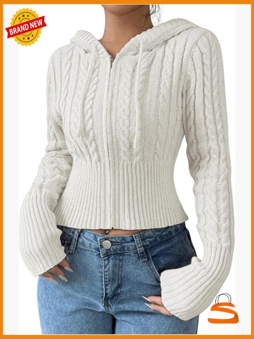 Crop Cable Knit Zip Up Hoodie Cardigan Y2k Long Sleeve Sweater